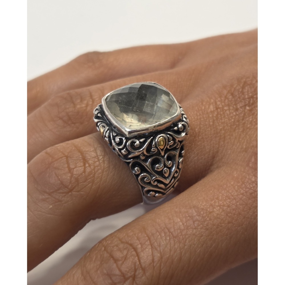 Bold 18k Gold Sterling Silver Prasiolite Bali Ring Size 7 Artisan Signed